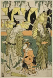 De acteurs Bando Matakuro IV als Chubei, Osagawa Tsuneyo II als Umegawa, en Nakamura Katsugoro als Magoemon, in het stuk "Keisei Koibikyaku," uitgevoerd in het Morita Theater in de vijfde maand, 1783