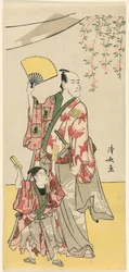 De acteurs Ichikawa Danjuro V en Ichikawa Ebizo IV, uit een pentaptych van elf acteurs die het festival van het heiligdom van de Soga-broers vieren