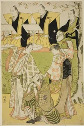 De acteurs Ichikawa Monnosuke II als Munesada, Segawa Kikunojo III als de courtisane Sumizome, en Nakamura Nakazo I als Sekibei, in het toneelstuk 