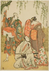 De acteurs Ichikawa Yaozo III als Shiragiku, Ichikawa Danjuro V als de poppenspeler Dekurokubei, en Sawamura Sojuro III als Soga no Juro, in de joruri "Shinobukoi Yanagi no Katsura Otoko," uitgevoerd in het Nakamura Theater in de eerste maand, 1785