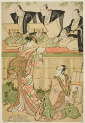 De Acteurs Matsumoto Koshiro IV als Ukita Sakingo en Sawamura Sojuro III als de geest van de courtisane Takao, in het stuk "Ominaeshi Sugata no Hatsuaki," opgevoerd in het Nakamura Theater, 1788