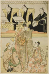 De Acteurs Nakayama Kojuro VI (Nakamura Nakazo I) als Chidori, Sawamura Sojuro III als Shigemori, en Ichikawa Yaozo III als Yoshibei, in de shosa "Fukyoku Edo Geisha," uitgevoerd in het Nakamura Theater in de elfde maand, 1785