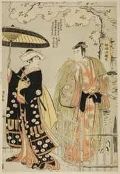 De Acteurs Sawamura Sojuro III als Kusunoki Masatsura en Arashi Murajiro als Ben no Naishi, in de shosa "Sode Furu Yuki Yoshino Shui," uitgevoerd in het Nakamura Theater in de elfde maand, 1786