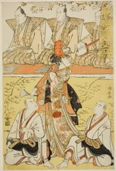 De acteurs Segawa Kikunojo III als Koito, Sawamura Sojuro III als de monnik Sainenbo, en Ichikawa Monnosuke II als de monnik Renseibo, in de shosa "Mata Saku Hana Museume Dojoji," uitgevoerd in het Nakamura Theater in de vierde maand, 1783
