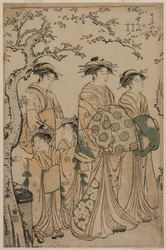 De courtisane Senzan van Chojiya wandelt met haar Kamuro Yasono en Yasoji en twee Shinzo