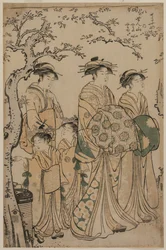 De courtisane Senzan van Chojiya wandelt met haar Kamuro Yasono en Yasoji en twee Shinzo