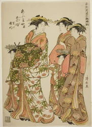 De Courtisane Toji van de Ogiya met Haar Begeleiders Satoji en Uraji, uit de serie "Modellen voor Mode: Nieuwe Ontwerpen zo Fris als Jonge Bladeren"