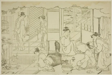 Het eerste bad van het nieuwe jaar (Yudono hajime), uit het geïllustreerde boek "Kleuren van de Drievoudige Dageraad (Saishiki mitsu no asa)"