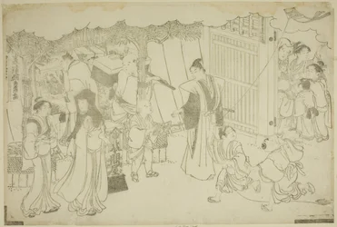 De eerste dag van zaken (Akinai hajime), uit het geïllustreerde boek "Kleuren van de Drievoudige Dageraad (Saishiki mitsu no asa)"
