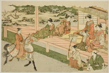 De Eerste Paardrijtocht van het Nieuwe Jaar (Uma norizome), uit het geïllustreerde boek "Kleuren van de Drievoudige Dageraad (Saishiki mitsu no asa)"