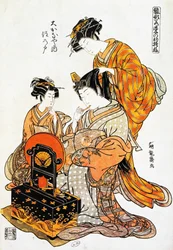 Vrouw voor spiegel terwijl haar haar wordt gekamd, ukiyo-e kunstprent door Torii Kiyonaga, houtsnede, Japanse beschaving, Edo periode