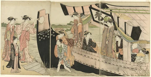 Vrouwen die aan Land Komen van een Pleziervaartuig op de Sumida Rivier