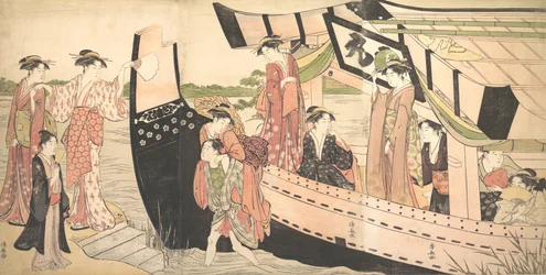 Vrouwen die van een plezierboot aan land gaan bij Mukojima aan de Sumida-rivier, ca. 1785
