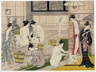 Vrouwen in een openbaar bad. Japanse prent van Torii Kiyonaga (1752-1815), circa 1785. Torii-school (ukiyo-e of ukiyoe).