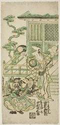 De acteurs Bando Hikosaburo I als Araki Shozaemon en Nakamura Sukegoro I als Daidoji Tahatanosuke in het stuk "Chigozakura Futabajikki," opgevoerd in het Ichimura Theater in de tiende maand, 1746