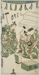 De acteurs Fujikawa Heikuro als Masamune en Matsushima Kichisaburo als Rai Kunitsugu in het stuk "Shin Usuyuki Monogatari," uitgevoerd in het Nakamura Theater in de zesde maand, 1746
