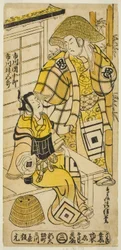 De acteurs Ichikawa Danjuro II als Onio Shinzaemon en Ichikawa Masugoro als Soga no Goro in het stuk "Furiwake-gami Hatsugai Soga," uitgevoerd in het Ichimura Theater in de eerste maand, 1735