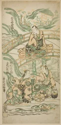 De Acteurs Matsumoto Koshiro II als Kumasaka Chohan, Ichimura Kamezo I als Ise no Saburo, en Sanogawa Ichimatsu I als Ushiwakamaru in het toneelstuk "Hatsu Tora Kurama Genji," opgevoerd in het Ichimura Theater in de eerste maand, 1749