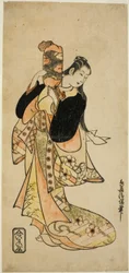 De Acteur Ichikawa Monnosuke I als Oiso no Tora in het stuk "Nigiwai Suehiro Soga," uitgevoerd in het Morita Theater in de eerste maand, 1721 (?)