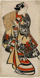 De acteur Takii Hannosuke als verwijfde jongeling, ca. 1707 (handgekleurde houtsnede; tan-e, verticale o-oban)
