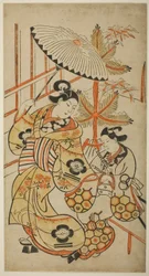 De acteurs Matsumoto Hyozo als een courtisane en Nakagawa Hanzaburo als een jonge man