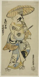 De acteur Sawamura Sojuro I als Soga no Juro in het stuk "Tsuru Kame Osana Soga," uitgevoerd in het Ichimura Theater in de eerste maand, 1721 (?)