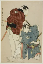 De acteurs Ichikawa Omezo I (R) als Tomita Hyotaro en Otani Oniji III (L) als Kawashima Jibugoro
