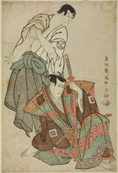 De acteurs Ichikawa Yaozo III (R) als Fuwa Banzaemon en Sakata Hangoro III (L) als Kosodate Kannonbo