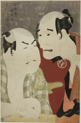 De acteurs Nakajima Wadaemon (R) als Bodara Chozaemon en Nakamura Konozo (L) als Gon van de bootbewaker Kanagawaya