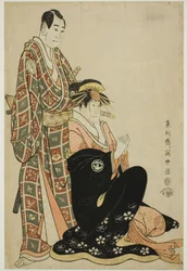 De acteurs Segawa Kikunojo III (R) als de courtisane Katsuragi en Sawamura Sojuro III (L) als Nagoya Sanza Motoharu