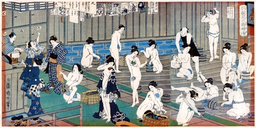 Scène in een badhuis, een prent van Toyohara Kunichika, 19e eeuw