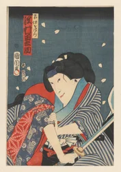 Ohatsu, zwaaiend met een zwaard, aanval op Iwafuji Sawamura Tanosuke III als Ohatsu (titel op object)