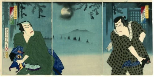 Onoe Kikugorō V als Daiba no Jinzō en Ichikawa Sadanji I als Itamiya Jubei