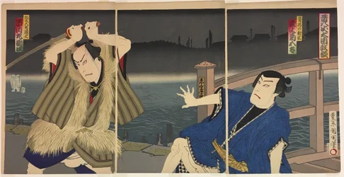 De acteurs Onoe Kukugoro V als Shinzp en Ichikawa Sadanji I als Yatagoro Genshichi.