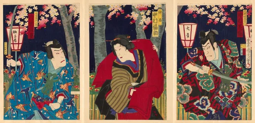 De acteurs Nakamura Shikan IV als Fuwa Banzaemon, Nakamura Fukusuke IV als de Dienstmeid, en Kataoka Gado III als Nagoya Sanzaburo