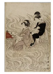 Feest van courtisanes die een door golven geteisterde rivier doorwaden