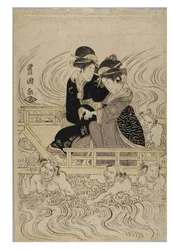 Groep courtisanes die een door golven geteisterde rivier doorwaden