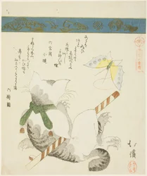 Kat die met een Speelgoedvlinder speelt, uit de serie "Zesendertig Afbeeldingen van Vogels (Sanjuroku kinzoku)"