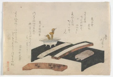 Surimono met een schrijftafel, Edo-periode, ca. 1800-10