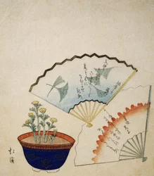 Vaas met Adonis en twee waaiers versierd met gedichten door Ichotei Mitsunori en Fudegaki, circa 1830
