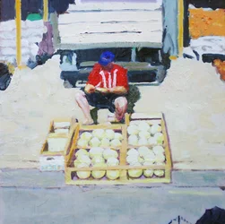 Man verkoopt meloenen (San Juan, Argentinië), 2014 (olieverf op board)