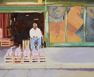 Knoflook verkopen (San Juan, Argentinië), 2016 (olieverf op board)