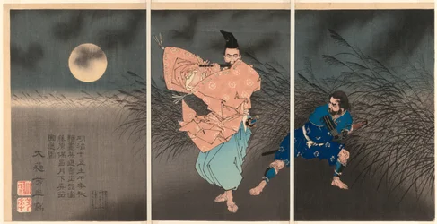 Fujiwara no Yasumasa speelt zijn fluit in het maanlicht