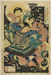 De dienaar van Gamo Sadahide, Toki Motosada, die een demonenkoning tegen de grond smijt op de berg Inahana, uit de serie "Nieuwe vormen van zesendertig geesten (Shinkei sanjuroku kaisen)".