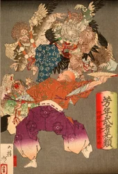 Hōjō Takatoki, heer van Sagami, die tengu afweert met zijn waaier