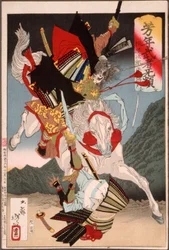 Sagami Jirō en Taira no Masakado vallen een tegenstander te paard aan