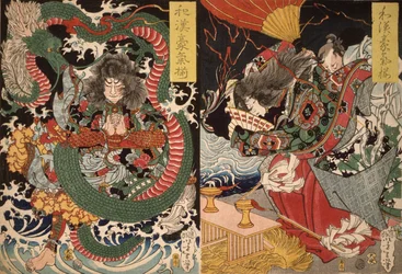 Tawaraya Tda en een Draak en Ono no Komachi die bidt voor regen uit de serie Moed in China en Japan, 1868