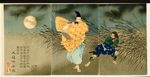 Drieluik van "Fujiwara No Yasumasa die Fluit Speelt bij Maanlicht"