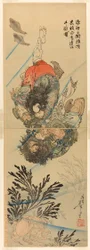 Zhang Shun, de Witte Spat in de Golven, en Li Kui, de Zwarte Wervelwind, in een onderwatergevecht (Rori Hakucho Chojun en Kokusenpu Riki)