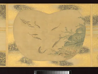 Album met waaiervormige schilderijen van figuren, vogels en bloemen